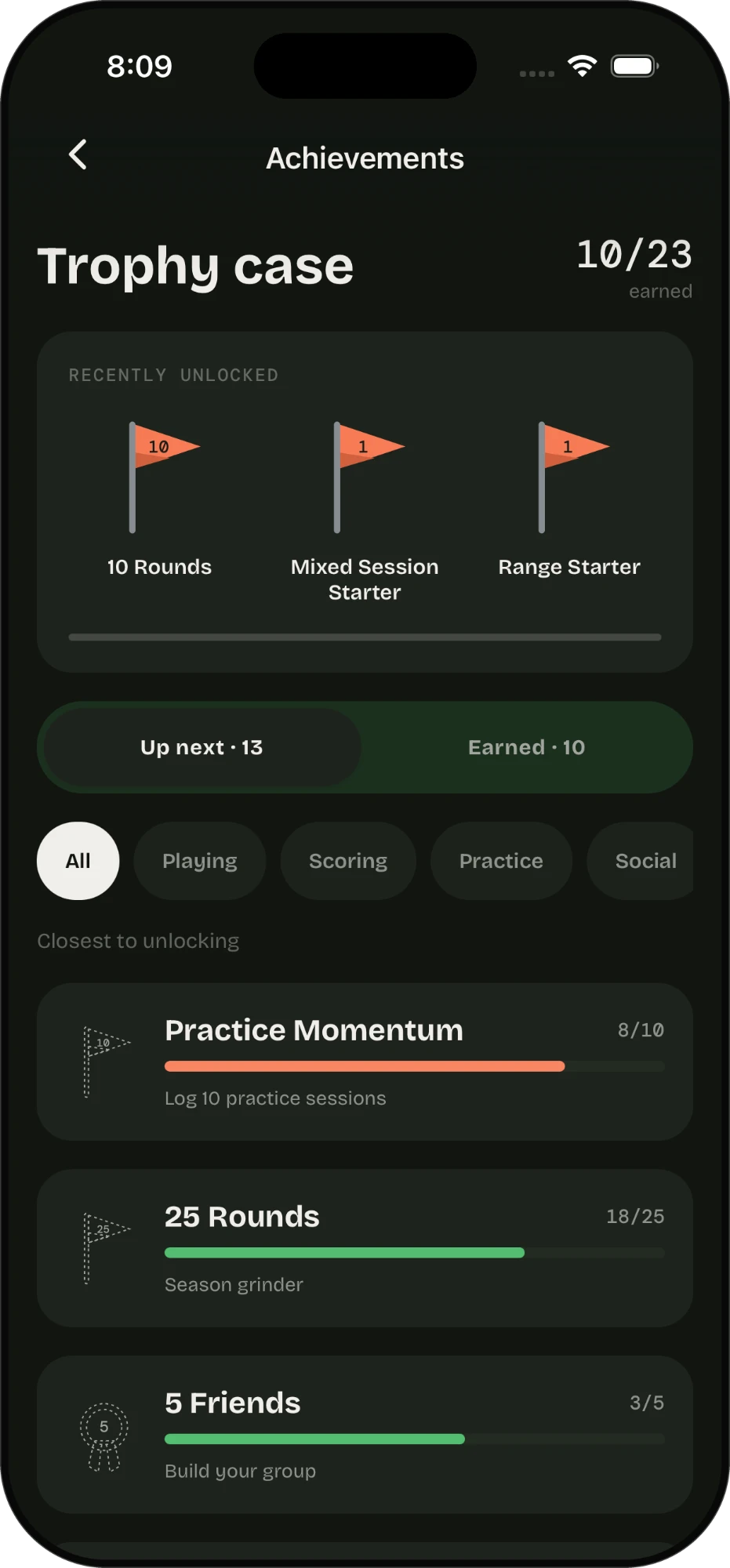 PinTrackr trophy case with ten of twenty-three achievements earned and progress bars toward the next ones