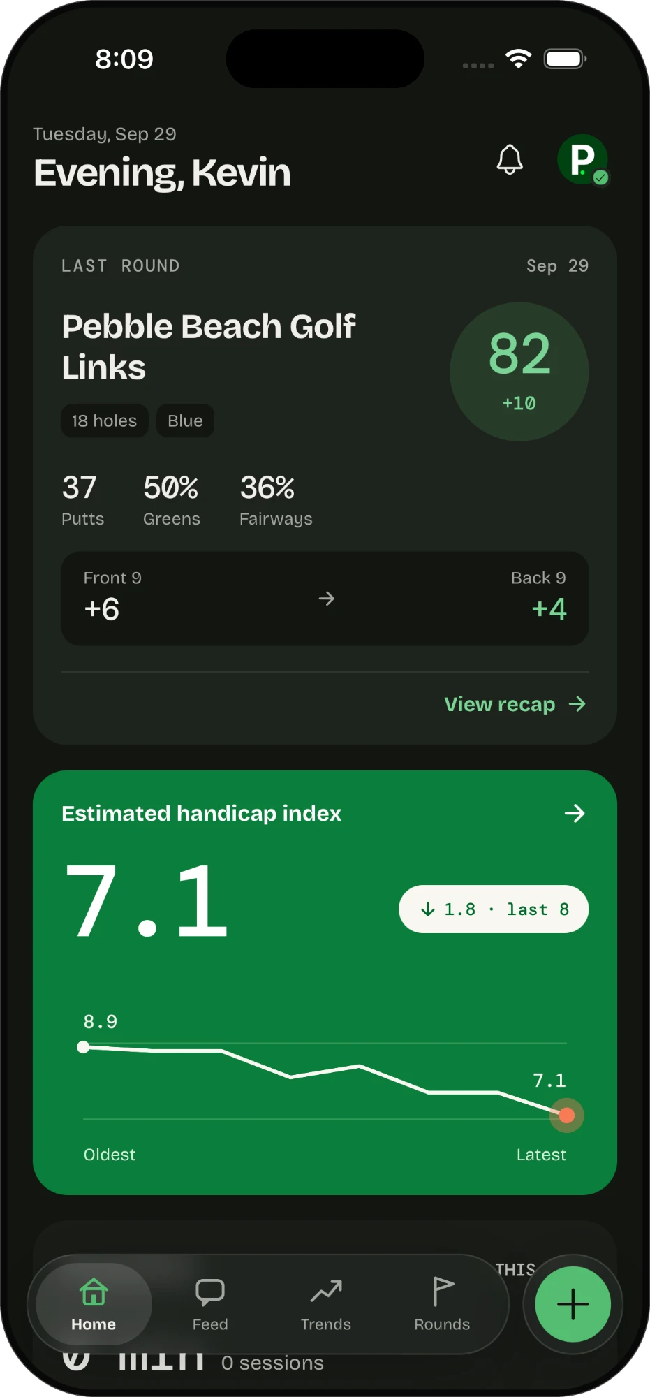 PinTrackr home screen showing the last round at Pebble Beach Golf Links and a handicap index of 7.1, trending down