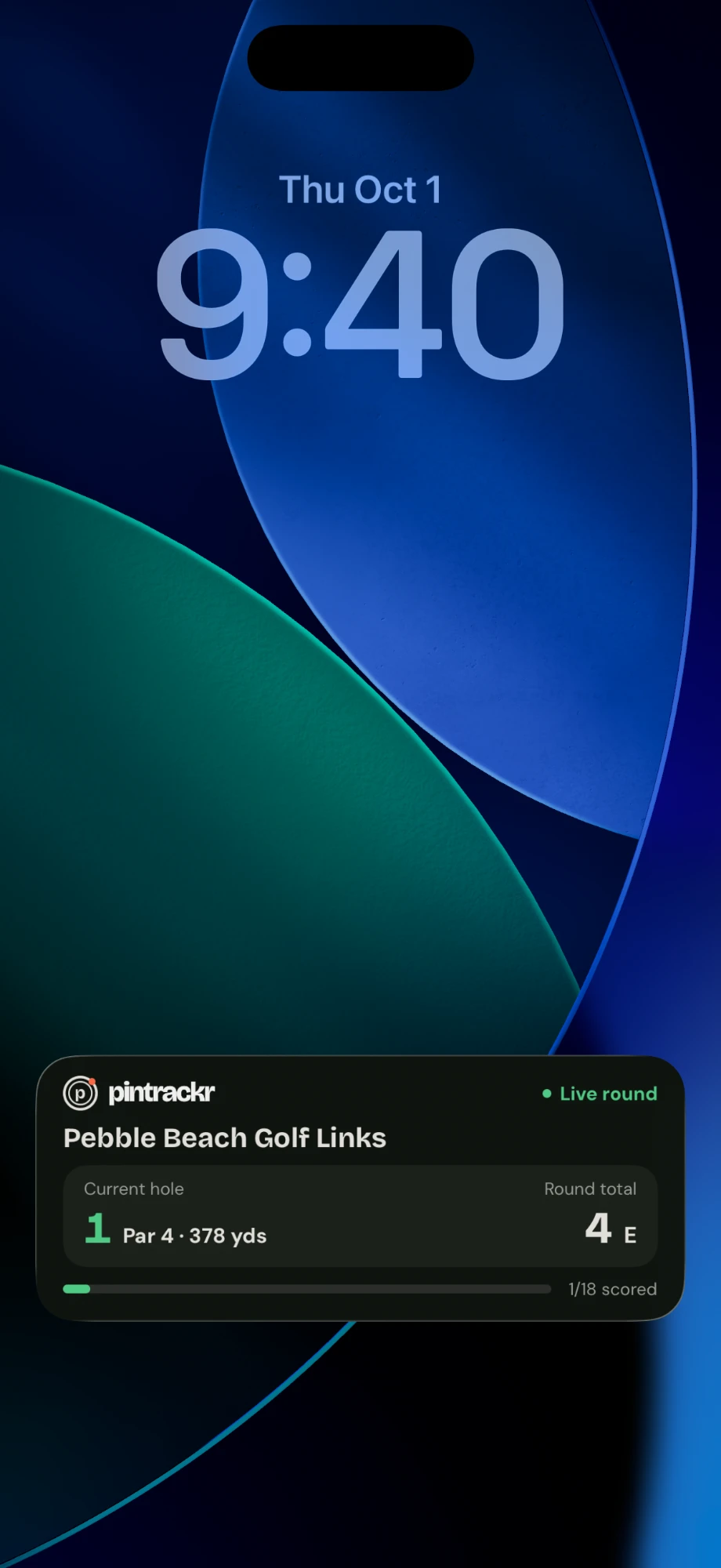 iPhone Lock Screen showing a PinTrackr Live Activity for a round in progress at Pebble Beach Golf Links: hole 1, par 4, round total 4 (even)