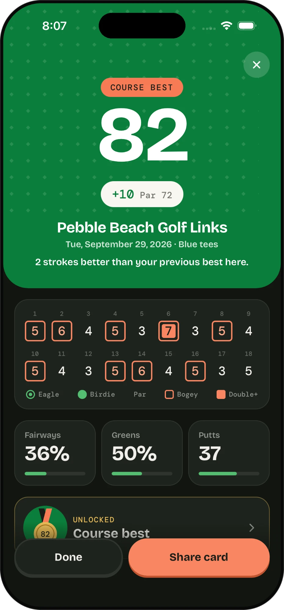 PinTrackr round recap for a course-best 82 at Pebble Beach, with every hole's score marked and fairway, green and putt stats below